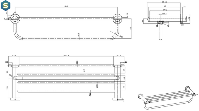 Полка с держателем для полотенец Gappo G1824, хром, 580 мм, Хром