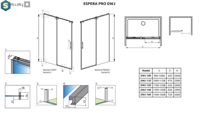 Душевая дверь Radaway Espera DWJ Pro с доводчиком soft-open/close двери открываются и закрываются плавно 160 см 10090160-01-01L+10091160-01-01L