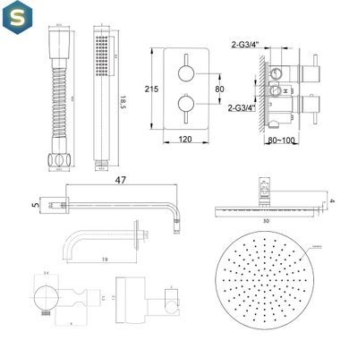 Душевая система Kohlman Axel 30 graphite с термостатом + BOX скрытого монтажа KPL-QW433AG30, Графит