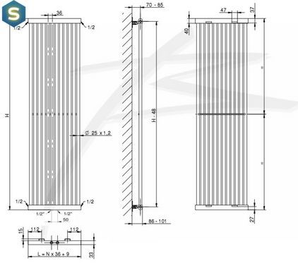 Дизайнерский радиатор трубчатый Betatherm PS Style 1 H-1800 мм, L-405 мм нижнее подключение PS 1180/11 9005M 99, Черный матовый