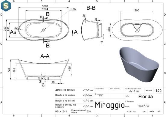 Ванна Miraggio Florida 1800x750 mirasoft 0001028, Белый матовый