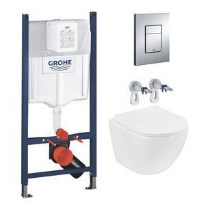 Комплект 4 в 1: Инсталляция GROHE Rapid SL 3 в 1 3884966Q + Унитаз безободочный Kroner Harz WHI523632 RIMLESS с сиденьем Slim Duroplast / Soft-close / Quick relase KH523632WHIR (388496