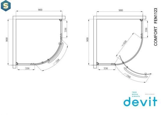 Душевая кабина Devit Comfort FEN1123 1/4 круга 90х90 см, Хром, прозрачный, хром