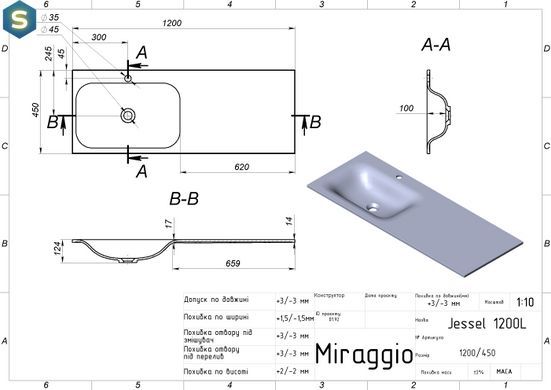 Умывальник Miraggio Jessel 1200 L mirasoft 0001588, Белый матовый