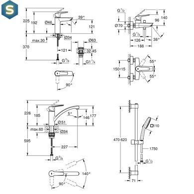 Набор смесителей 4 в 1 для ванной комнаты и кухни Grohe QuickFix Start M-Size UA202301KE, Хром