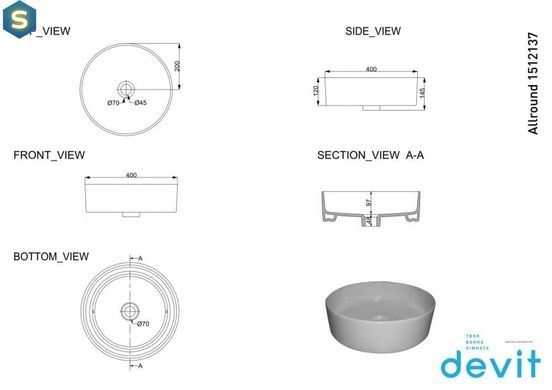 Раковина Devit Allround 1512137B 40 см тонкі стінки, чорна матова, Черный матовый