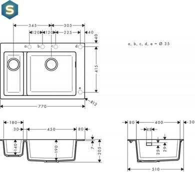 Кухонная мойка Hansgrohe S510-F635 770x510 на две чаши 180/450 Stonegrey 43315290