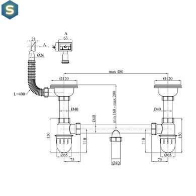 Сифон для кухонної мийки Kroner KRP Siphon - 012 3 1/2"- 50/40 мм CV023015, Чорний/золото