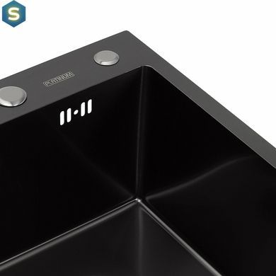 Кухонна мийка Platinum Handmade PVD 580x430x220 чорна (товщина 3,0/1,5 мм корзина та дозатор в комплекті), Чорний/золото