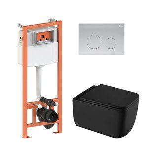 Подвесной унитаз Qtap Gemini Ultra Quiet + инсталляция Qtap Nest 4 в 1 (круглая клавиша Satin), Черный/золото