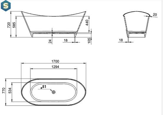 Ванна окремостояча матова Amidicon Capri 170x77 з литого каменю CAPRI_170_MAT