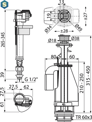 Выпускной комплект с двойной кнопкой, 1/2" Alcaplast SA08S 1/2" CHROM