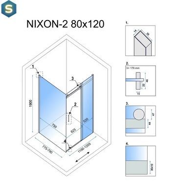 Душова кабіна Rea Nixon 80x120 P chrome REA-K5010 + REA-K5003, Хром, Права, прозорий, хром
