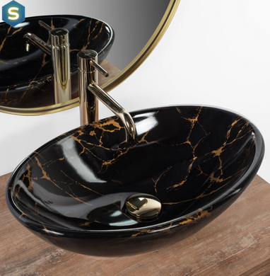 Умывальник Rea Pamela Black Marble Shiny накладной REA-U5067, Черный/золото