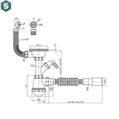 Сифон для кухонної мийки Kroner KRP - KS02R-1 3 1/2"х40/50 мм з відводом для пральної машини, з круглим переливом CV032077, Білий