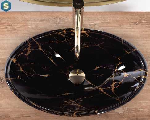 Умывальник Rea Pamela Black Marble Shiny накладной REA-U5067, Черный/золото
