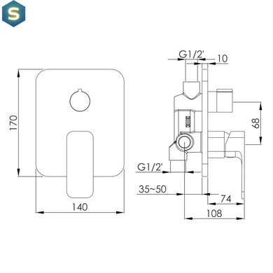 Смеситель скрытого монтажа с переключателем Imprese Bilovec black matt f04600910SQ, Черный матовый