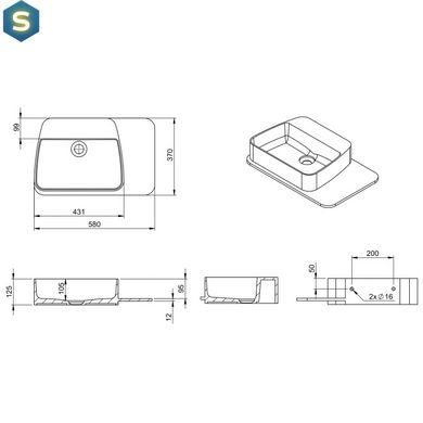Умивальник підвісний Volle Solid Surface з поличкою з каменю 58x37x12,5 см білий/soft touch 13-40-415, Білий