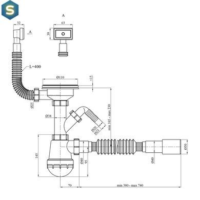 Сифон для кухонної мийки Kroner KRP KS02-1WHI 3 1/2"х40/50 мм з відводом для пральної машини, з квадратним переливом CV034316, Білий