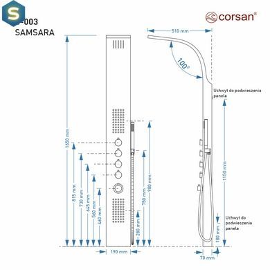 Душевая панель Corsan Samsara black с термостатом S003TBL, Черный матовый