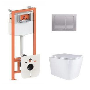 Подвесной унитаз Qtap Tern + инсталляция Qtap Nest 4 в 1 (квадратная клавиша Satin), Белый