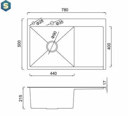 Кухонна мийка Gappo накладна 780x500 мм, поверхня PVD, права GS7850-6R, Черный матовый