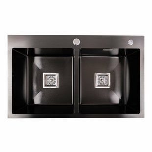 Кухонная мойка Platinum Handmade PVD HDB черная 780x480x230 на две чаши (квадратный сифон, 3.0/1.0), Черный/золото