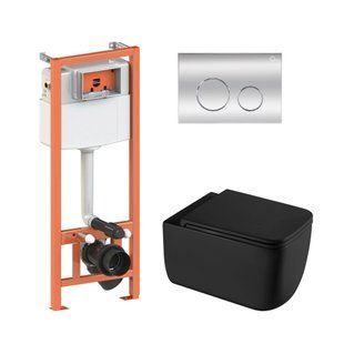 Подвесной унитаз Qtap Gemini Ultra Quiet + инсталляция Qtap Nest 4 в 1 (круглая клавиша Chrome), Черный/золото