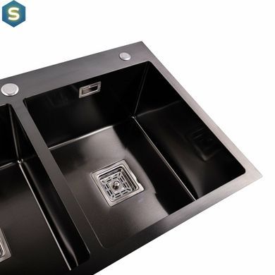Кухонная мойка Platinum Handmade PVD HDB черная 780x480x230 на две чаши (квадратный сифон, 3.0/1.0), Черный/золото