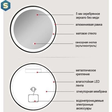 Зеркало Dusel Led DE-M2071D Black кругле 80x80 см сенсорне включення + підігрів, Черный/золото