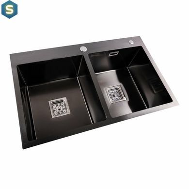 Кухонная мойка Platinum Handmade PVD HDB черная 780x480x230 на две чаши (квадратный сифон, 3.0/1.0), Черный/золото
