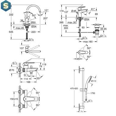 Комплект смесителей для ванной комнаты и кухни Grohe QuickFix Start Edge UA202501SK, Хром