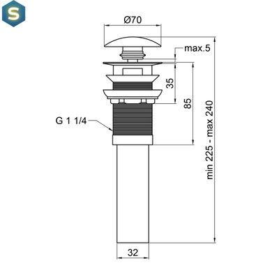 Донний клапан з переливом Qtap PU03O 70х70х227.5 Matt black, Черный матовый