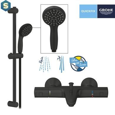 Термостат для ванни Grohe QuickFix Start Black + Душовий гарнітур Vitalio Start 100 UA303907T1, Черный матовый