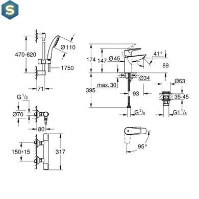 Набор смесителей Grohe Quickfix термостат для душа с душевым гарнитуром Precision Flow THM и смеситель для раковины StartEdge S-Size UA202503TE, Хром