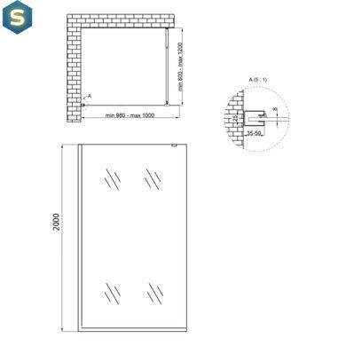 Душевая перегородка Qtap Walk-In Standard BLM201.C8 100х200 см, стекло Clear 8 мм, покрытие CalcLess, прозрачный, черный