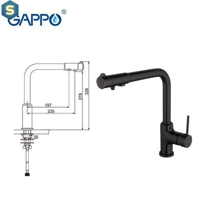 Смеситель для кухни с подключением фильтра черный шпилька &Oslash;35 Gappo 1/8 G4390-10, Черный матовый