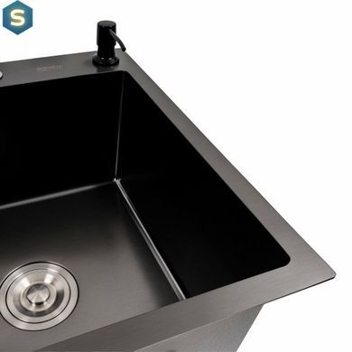 Кухонная мойка CM 65x50 R PVD черная Platinum Handmade (круглый сифон 3.0/0.8), Черный/золото