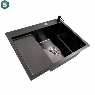 Кухонная мойка CM 65x50 R PVD черная Platinum Handmade (круглый сифон 3.0/0.8), Черный/золото