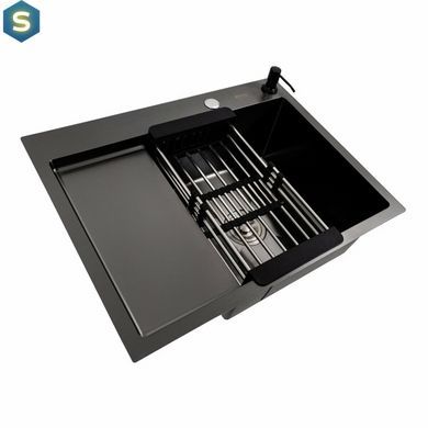 Кухонная мойка CM 65x50 R PVD черная Platinum Handmade (круглый сифон 3.0/0.8), Черный/золото