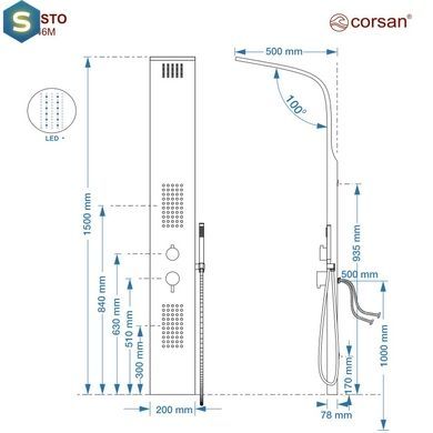Душевая панель Corsan Festo black LED S046MBLLED, Черный матовый