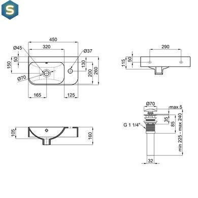 Умывальник Qtap Tern подвесной прямоугольный правый 450х260х155 мм White + донный клапан PU02O, Белый