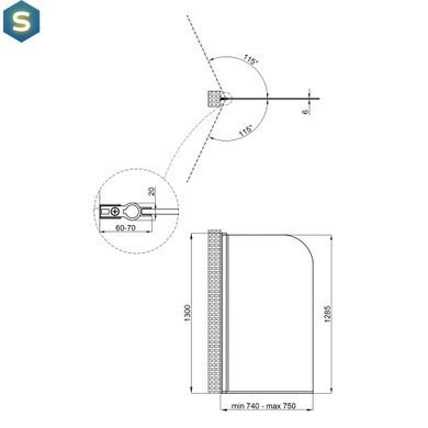 Шторка для ванны Qtap Standard BLM407513APL стекло Pear 6 мм, 75х130 см, левая, Левая, матовый, черный матовый