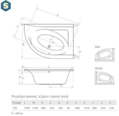 Ванна акрилова Radaway Mistra 170x110 ліва + ніжки WA1-07-170x110L
