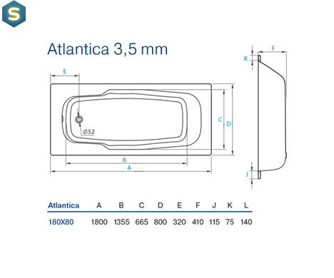 Ванна стальная Koller Pool Atlantica 180x80 с отверстиями под ручки B80J8H00E