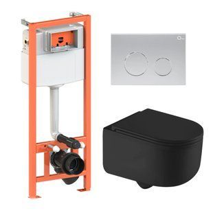 Подвесной унитаз Qtap Taurus Ultra Quiet + инсталляция Qtap Nest 4 в 1 (круглая клавиша Satin), Черный/золото