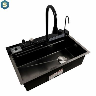 Кухонная мойка 75x45М PVD черная Platinum Handmade Водопад, Черный/золото
