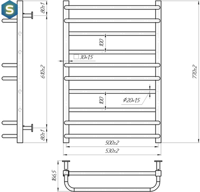 Водяна рушникосушка Mario Inox&nbsp;Преміум&nbsp;Люкс 770x540/500 1.7.044600.P, Хром, нижне
