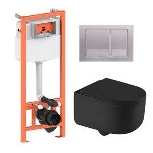 Подвесной унитаз Qtap Taurus Ultra Quiet + инсталляция Qtap Nest 4 в 1 (квадратная клавиша Satin), Черный/золото