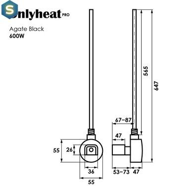 ТЕН для рушникосушки OnlyHeat Agate Black Pro 0,6 кВт (прихований монтаж), Чорний/золото